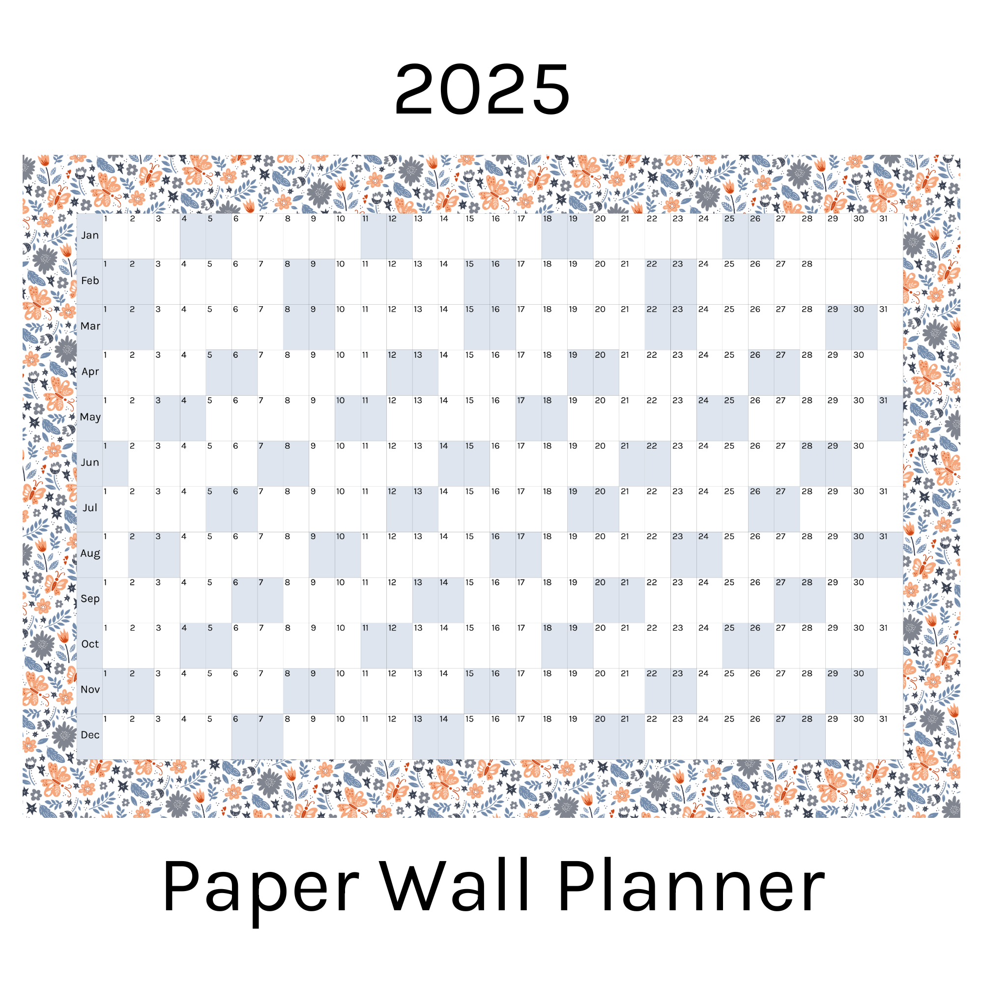 Horizontal 2025 Paper Wall Planner | Floral Flutter