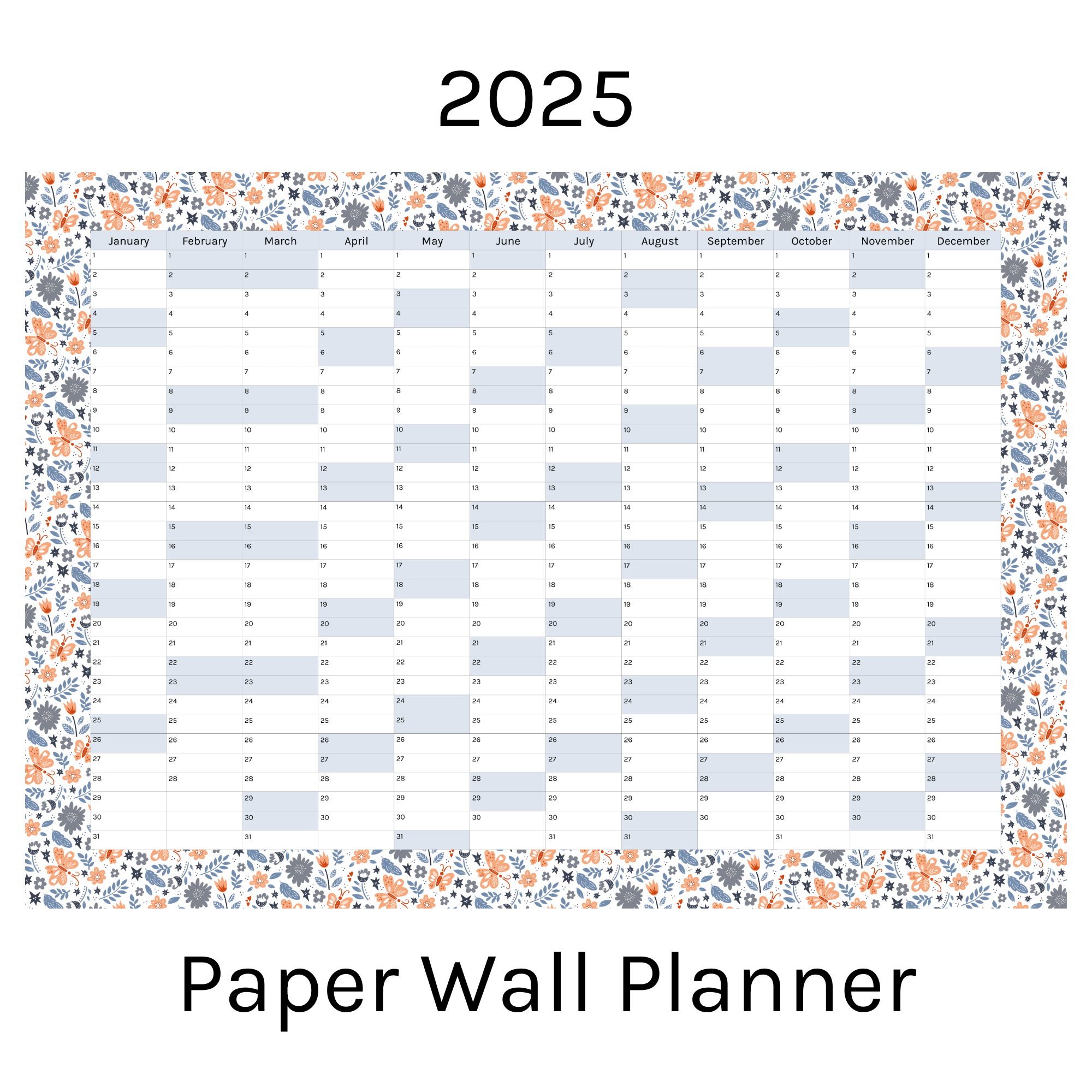 Vertical 2025 Paper Wall Planner | Floral Flutter