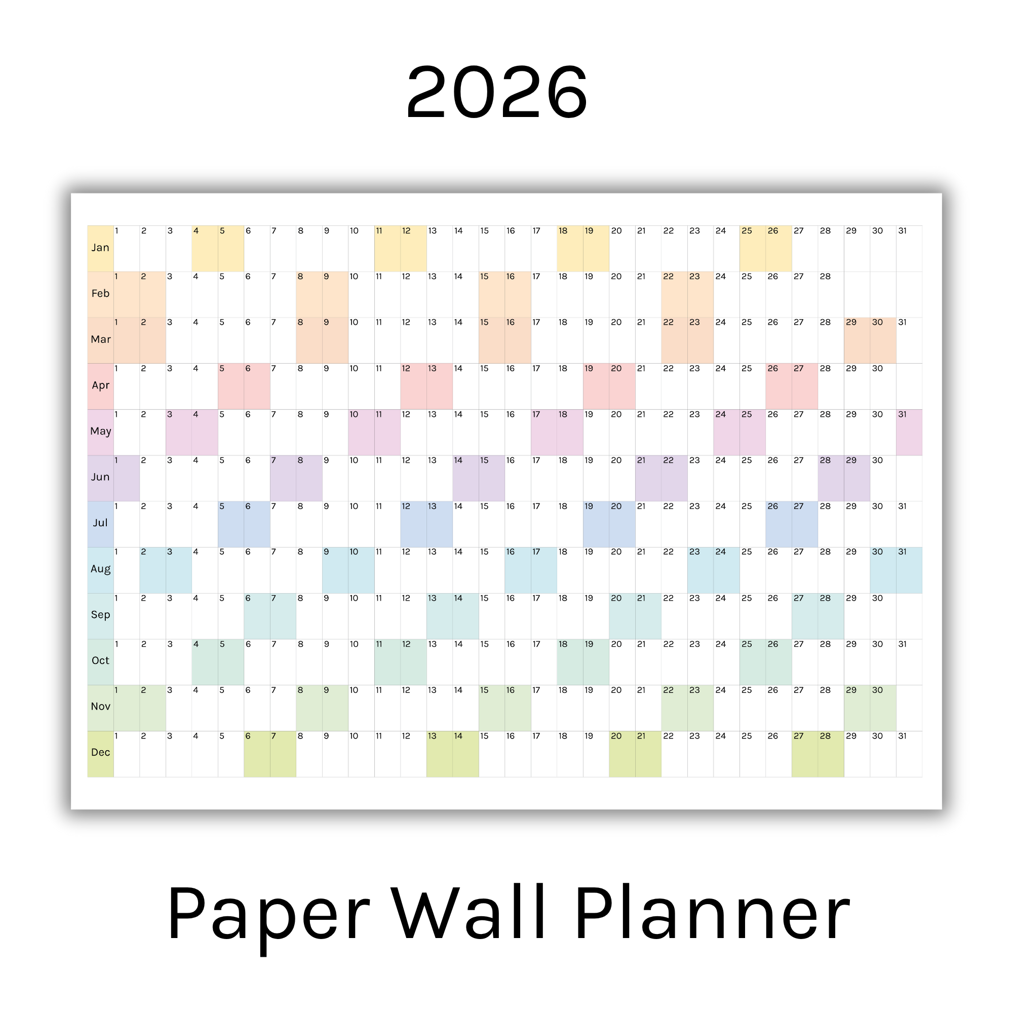 Horizontal 2026 Paper Wall Planner | Julie's Rainbow