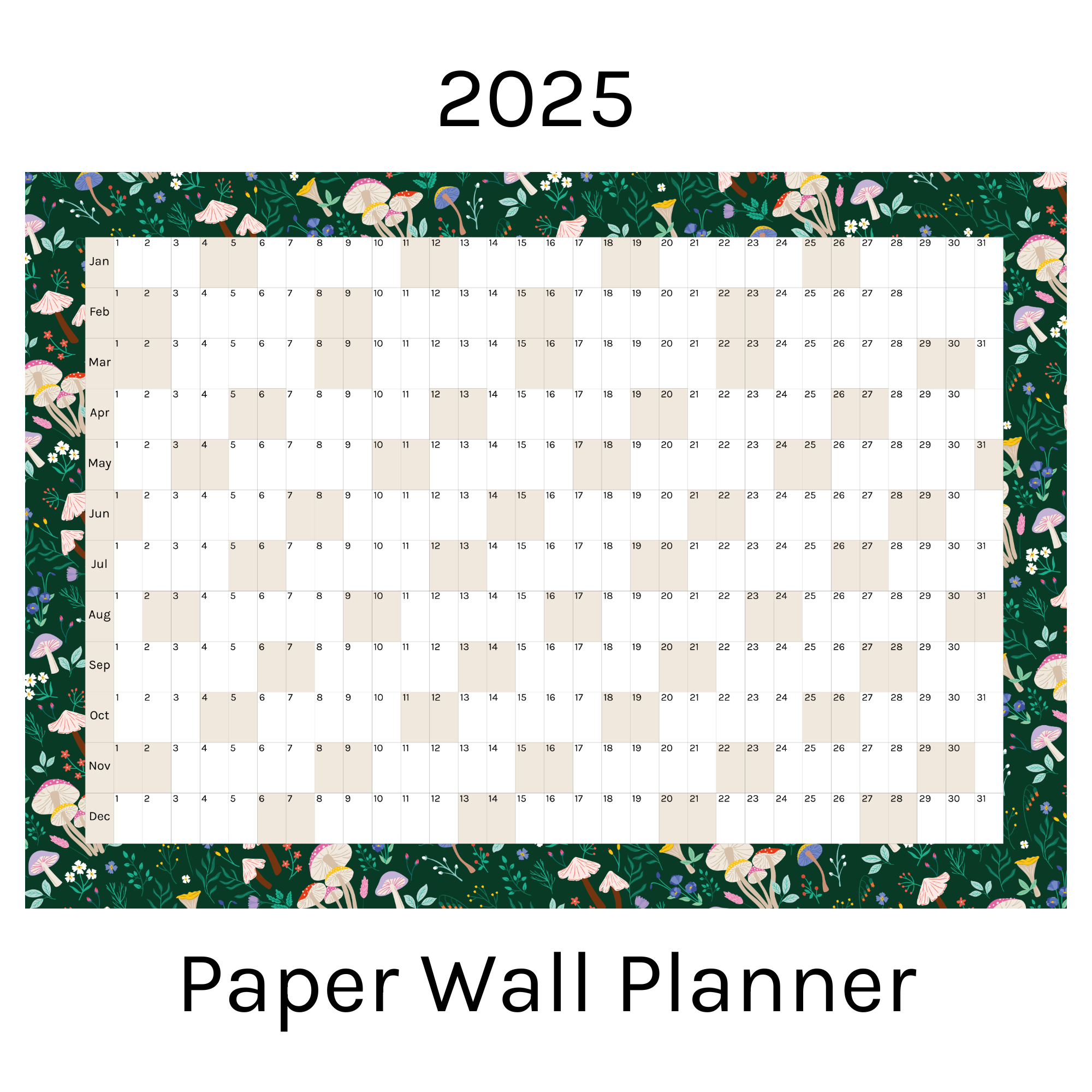 Horizontal 2025 Paper Wall Planner | Mushroom Meadow