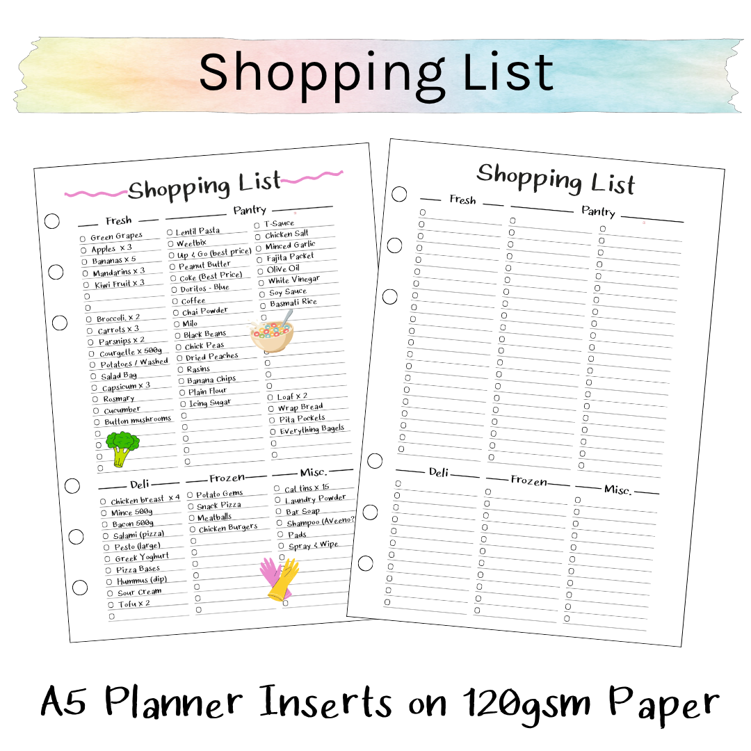 A5 Planner Inserts 120gsm | Nifty Shopping List