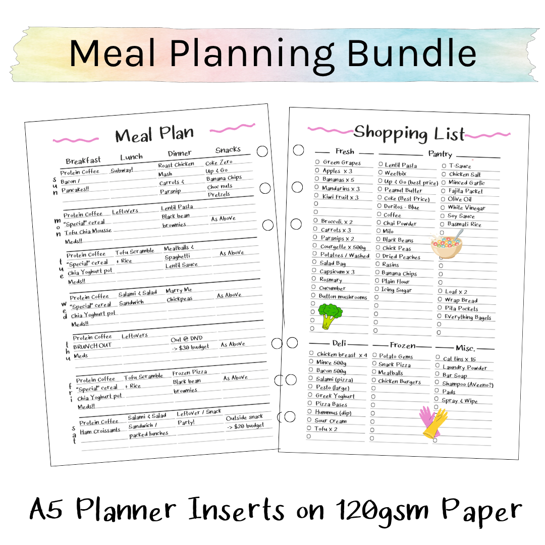 A5 Planner Inserts 120gsm | Nifty Meal Planning Bundle
