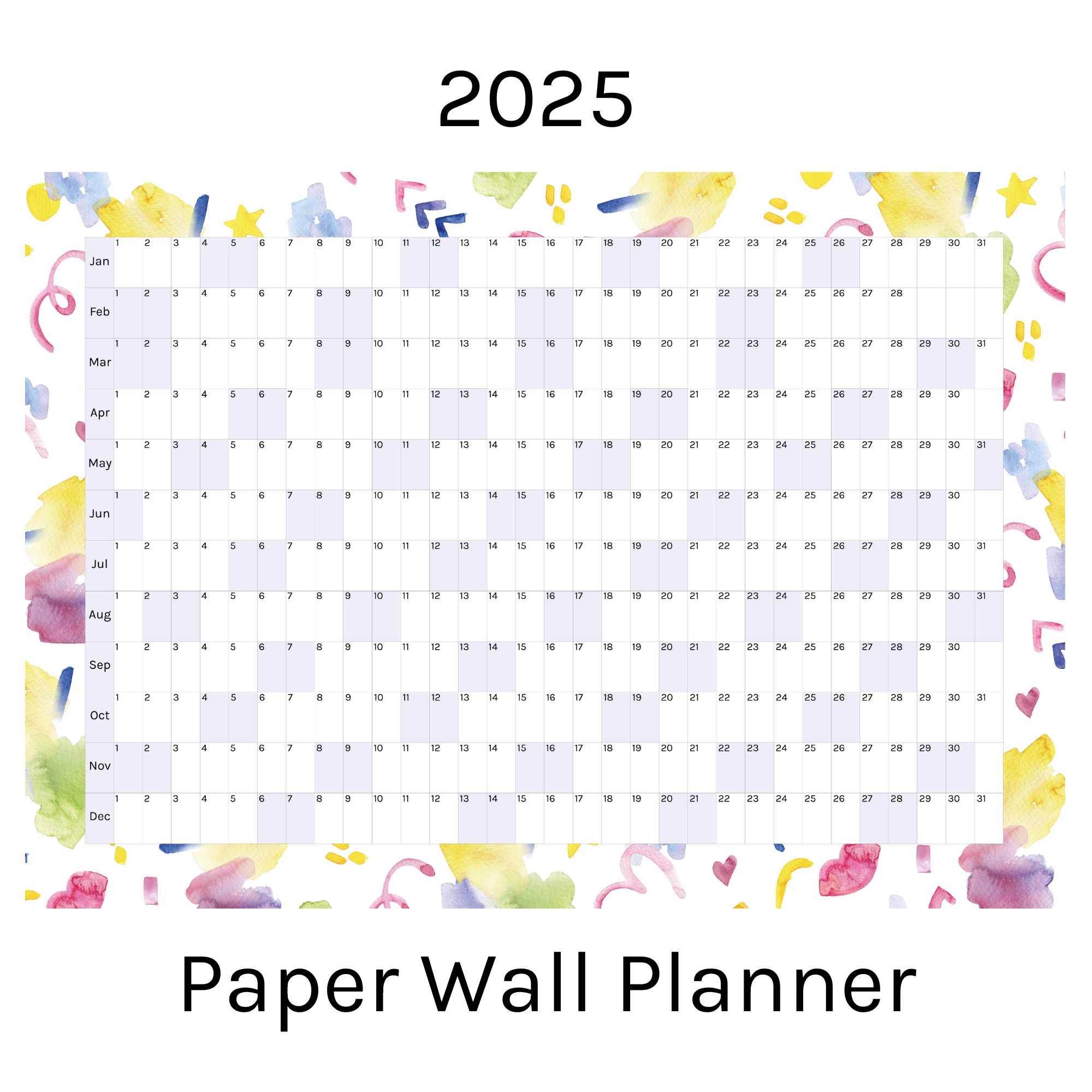 Horizontal 2025 Paper Wall Planner | Scribble Splash