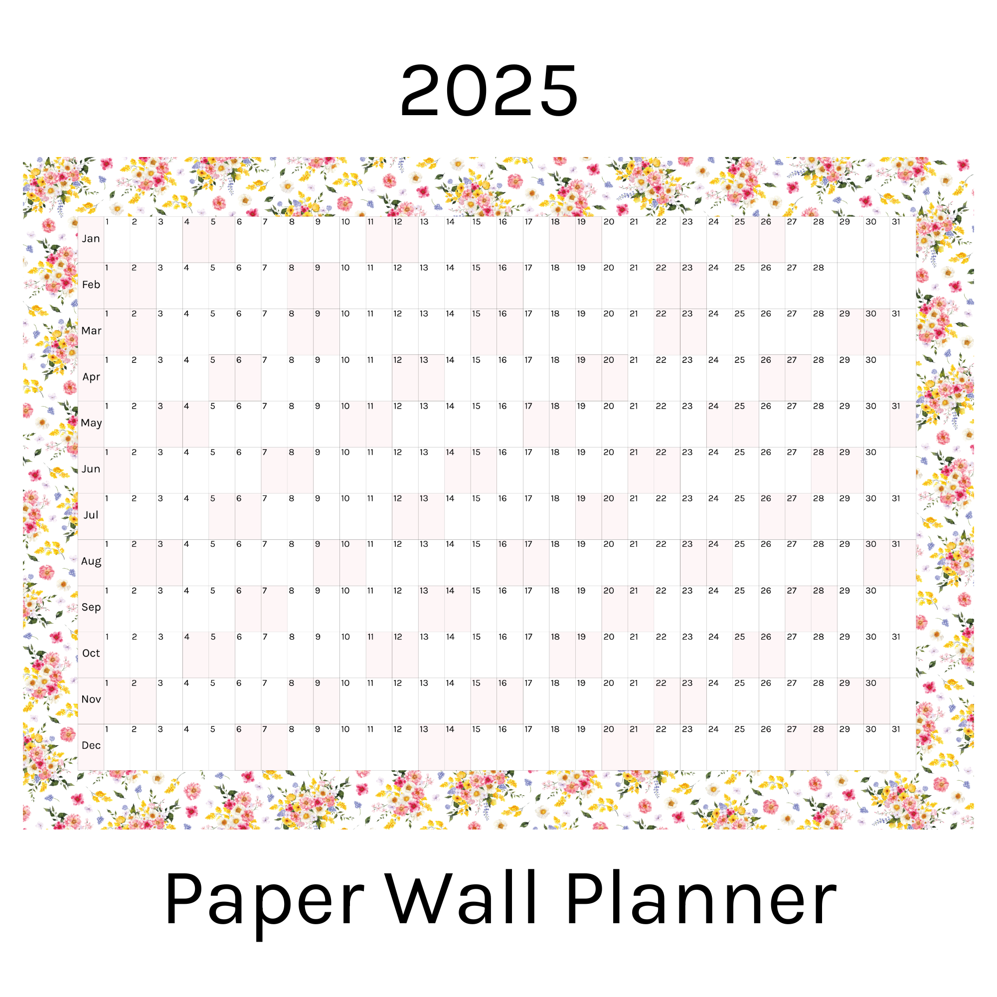 Horizontal 2025 Paper Wall Planner | Summer Blossom