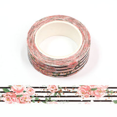 Journal Junkies NZ Medium Washi Tape Buy Foil Striped Roses JJ-W-153